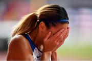 2 October 2019; Katarina Johnson-Thompson of Great Britain reacts after running a PB in the 100m Hurdles during the Womens Heptathlon on day six of the 17th IAAF World Athletics Championships Doha 2019 at the Khalifa International Stadium in Doha, Qatar. Photo by Sam Barnes/Sportsfile