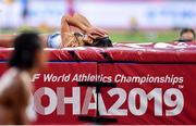 2 October 2019; Katarina Johnson-Thompson of Great Britain reacts to a failed clearance as Nafissatou Thiam of Belgium looks on, during the High Jump of the Womens Heptathlon during day six of the 17th IAAF World Athletics Championships Doha 2019 at the Khalifa International Stadium in Doha, Qatar. Photo by Sam Barnes/Sportsfile