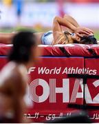 2 October 2019; Katarina Johnson-Thompson of Great Britain reacts to a failed clearance as Nafissatou Thiam of Belgium looks on, during the High Jump of the Womens Heptathlon during day six of the 17th IAAF World Athletics Championships Doha 2019 at the Khalifa International Stadium in Doha, Qatar. Photo by Sam Barnes/Sportsfile