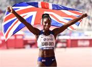 2 October 2019; Dina Asher-Smith of Great Britain celebrates after winning the Women's 200m Final during day six of the 17th IAAF World Athletics Championships Doha 2019 at the Khalifa International Stadium in Doha, Qatar. Photo by Sam Barnes/Sportsfile