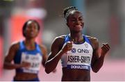 2 October 2019; Dina Asher-Smith of Great Britain celebrates after winning the Women's 200m Final during day six of the 17th IAAF World Athletics Championships Doha 2019 at the Khalifa International Stadium in Doha, Qatar. Photo by Sam Barnes/Sportsfile