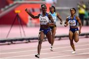 2 October 2019; Dina Asher-Smith of Great Britain crosses the line to win the Women's 200m Final during day six of the 17th IAAF World Athletics Championships Doha 2019 at the Khalifa International Stadium in Doha, Qatar. Photo by Sam Barnes/Sportsfile