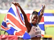 2 October 2019; Dina Asher-Smith of Great Britain celebrates winning the Women's 200m Final during day six of the 17th IAAF World Athletics Championships Doha 2019 at the Khalifa International Stadium in Doha, Qatar. Photo by Sam Barnes/Sportsfile
