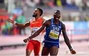 2 October 2019; Grant Holloway of USA celebrates after winning the Men's 110m Hurdles Final during day six of the 17th IAAF World Athletics Championships Doha 2019 at the Khalifa International Stadium in Doha, Qatar. Photo by Sam Barnes/Sportsfile