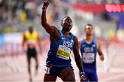2 October 2019; Grant Holloway of USA celebrates after winning the Men's 110m Hurdles final during day six of the 17th IAAF World Athletics Championships Doha 2019 at the Khalifa International Stadium in Doha, Qatar. Photo by Sam Barnes/Sportsfile
