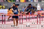 2 October 2019; Grant Holloway of USA, right, on his way to winning the Men's 110m Hurdles final, ahead of Pascal Martinot-Lagarde of France, who finished third, during day six of the 17th IAAF World Athletics Championships Doha 2019 at the Khalifa International Stadium in Doha, Qatar. Photo by Sam Barnes/Sportsfile