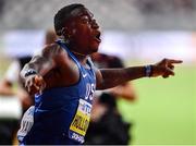 2 October 2019; Grant Holloway of USA, celebrates after winning the Men's 110m Hurdles final during day six of the 17th IAAF World Athletics Championships Doha 2019 at the Khalifa International Stadium in Doha, Qatar. Photo by Sam Barnes/Sportsfile