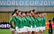 3 October 2019; The Ireland team sing Ireland's Call prior to the 2019 Rugby World Cup Pool A match between Ireland and Russia at the Kobe Misaki Stadium in Kobe, Japan. Photo by Brendan Moran/Sportsfile
