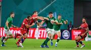 3 October 2019; CJ Stander of Ireland is tackled by Ramil Gaisin and Igor Galinovskiy of Russia during the 2019 Rugby World Cup Pool A match between Ireland and Russia at the Kobe Misaki Stadium in Kobe, Japan. Photo by Brendan Moran/Sportsfile