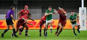 3 October 2019; Jack Carty of Ireland breats the tackles of Vasily Artemyev and Tagir Gadzhiev of Russia during the 2019 Rugby World Cup Pool A match between Ireland and Russia at the Kobe Misaki Stadium in Kobe, Japan. Photo by Brendan Moran/Sportsfile
