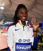 3 October 2019; Dina Asher-Smith of Great Britain with her Gold medal after competing in the Women's 200m Final during day seven of the 17th IAAF World Athletics Championships Doha 2019 at the Khalifa International Stadium in Doha, Qatar. Photo by Sam Barnes/Sportsfile