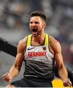 3 October 2019; Tim Nowak of Germany celebrates a clearance whilst competing in the Pole Vault of the Men's Decathlon during day seven of the 17th IAAF World Athletics Championships Doha 2019 at the Khalifa International Stadium in Doha, Qatar. Photo by Sam Barnes/Sportsfile