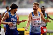 3 October 2019; Josh Kerr of Great Britain, right, celebrates with Ben Blankenship of USA after competing in the Men's 1500m heats during day seven of the 17th IAAF World Athletics Championships Doha 2019 at the Khalifa International Stadium in Doha, Qatar. Photo by Sam Barnes/Sportsfile