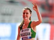 3 October 2019; Ciara Mageean of Ireland celebrates after competing in Women's 1500m Semi-Finals and qualifying for the final during day seven of the 17th IAAF World Athletics Championships Doha 2019 at the Khalifa International Stadium in Doha, Qatar. Photo by Sam Barnes/Sportsfile