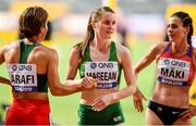 3 October 2019; Ciara Mageean of Ireland, centre, is congratulated by Rababe Arafi of Morocco, left, after competing in Women's 1500m Semi-Finals and qualifying for the final during day seven of the 17th IAAF World Athletics Championships Doha 2019 at the Khalifa International Stadium in Doha, Qatar. Photo by Sam Barnes/Sportsfile