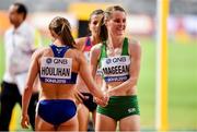 3 October 2019; Ciara Mageean of Ireland, right, is congratulated by Shelby Houlihan of USA left, after competing in Women's 1500m Semi-Finals and qualifying for the final during day seven of the 17th IAAF World Athletics Championships Doha 2019 at the Khalifa International Stadium in Doha, Qatar. Photo by Sam Barnes/Sportsfile