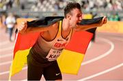 3 October 2019; Niklas Kaul of Germany celebrates winning the Men's Pentathlon during day seven of the 17th IAAF World Athletics Championships Doha 2019 at the Khalifa International Stadium in Doha, Qatar. Photo by Sam Barnes/Sportsfile