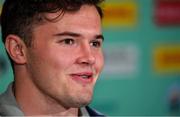 4 October 2019; Jacob Stockdale during an Ireland Rugby press conference in the Sheraton Hotel & Towers Kobe, in Kobe Japan. Photo by Brendan Moran/Sportsfile