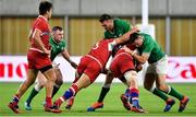 3 October 2019; Jean Kleyn of Ireland is tackled by Kirill Gotovtsev and Bogdan Fedotko of Russia during the 2019 Rugby World Cup Pool A match between Ireland and Russia at the Kobe Misaki Stadium in Kobe, Japan. Photo by Brendan Moran/Sportsfile
