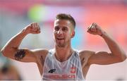 4 October 2019; Marcin Lewandowski of Poland celebrates after qualifying for the Men's 1500m Final during day eight of the 17th IAAF World Athletics Championships Doha 2019 at the Khalifa International Stadium in Doha, Qatar. Photo by Sam Barnes/Sportsfile