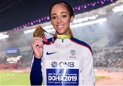 4 October 2019; Katarina Johnson-Thompson of Great Britian with her Gold Medal after competing in the Women's Heptathlon during day eight of the 17th IAAF World Athletics Championships Doha 2019 at the Khalifa International Stadium in Doha, Qatar. 4 October 2019; Katarina Johnson-Thompson of Great Britian with her Gold Medal after competing in the Women's Heptathlon during day eight of the 17th IAAF World Athletics Championships Doha 2019 at the Khalifa International Stadium in Doha, Qatar. Photo by Sam Barnes/Sportsfile