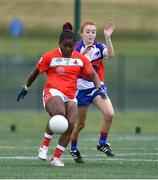 29 July 2019; Shera Robinson of Montreal/Halifax/PEI/Quebec City/Ottawa, Canada, in action against  Kathleen Enright of The Empire State Ladies in their Native Born Ladies Football game during the Renault GAA World Games 2019 Day 1 at WIT Arena, Carriganore, Co. Waterford. Photo by Piaras Ó Mídheach/Sportsfile
