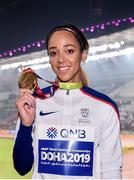 4 October 2019; Katarina Johnson-Thompson of Great Britian with her Gold Medal after competing in the Women's Heptathlon during day eight of the 17th IAAF World Athletics Championships Doha 2019 at the Khalifa International Stadium in Doha, Qatar. Photo by Sam Barnes/Sportsfile