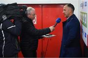 4 October 2019; Cork City head coach Neale Fenn speaks to RTÉ's Tony O'Donoghue prior to the SSE Airtricity League Premier Division match between Bohemians and Cork City at Dalymount Park in Dublin.  Photo by Stephen McCarthy/Sportsfile