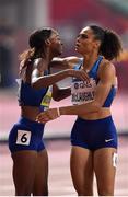 4 October 2019; Dalilah Muhammad of USA, left,  celebrates with team-mate Sydney McLaughlin after winning the Women's 400m Hurdles and setting a new world record of 52.16 seconds during day eight of the 17th IAAF World Athletics Championships Doha 2019 at the Khalifa International Stadium in Doha, Qatar. Photo by Sam Barnes/Sportsfile