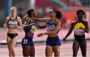 4 October 2019; Dalilah Muhammad of USA, centre left,  celebrates with team-mate Sydney McLaughlin after winning the Women's 400m Hurdles and setting a new world record of 52.16 seconds during day eight of the 17th IAAF World Athletics Championships Doha 2019 at the Khalifa International Stadium in Doha, Qatar. Photo by Sam Barnes/Sportsfile