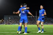 4 October 2019; Fergus McFadden of Leinster celebrates with team-mates Joe Tomane, left, and Hugo Keenan after scoring his side's first try during the Guinness PRO14 Round 2 match between Leinster and Ospreys at the RDS Arena in Dublin. Photo by Ramsey Cardy/Sportsfile