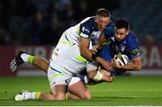 4 October 2019; Hugo Keenan of Leinster is tackled by Rhodri Jones and Lloyd Ashley of Ospreys during the Guinness PRO14 Round 2 match between Leinster and Ospreys at the RDS Arena in Dublin. Photo by Ramsey Cardy/Sportsfile
