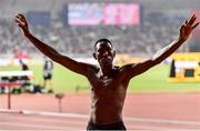 4 October 2019; Conseslus Kipruto of Kenya celebrates after winning the Men's 3000m Steeple Chase during day eight of the 17th IAAF World Athletics Championships Doha 2019 at the Khalifa International Stadium in Doha, Qatar. Photo by Sam Barnes/Sportsfile