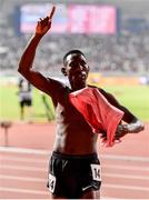 4 October 2019; Conseslus Kipruto of Kenya celebrates after winning the Men's 3000m Steeple Chase during day eight of the 17th IAAF World Athletics Championships Doha 2019 at the Khalifa International Stadium in Doha, Qatar. Photo by Sam Barnes/Sportsfile