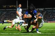 4 October 2019; Joe Tomane of Leinster goes over to score his side's third try despite the tackle of Luke Morgan and Tom Botha of Ospreys during the Guinness PRO14 Round 2 match between Leinster and Ospreys at the RDS Arena in Dublin. Photo by Harry Murphy/Sportsfile