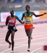 4 October 2019; Conseslus Kipruto of Kenya, left, crosses the line on his way to winning the Men's 3000m Steeple Chase, ahead of Lamecha Girma of Ethiopia  during day eight of the 17th IAAF World Athletics Championships Doha 2019 at the Khalifa International Stadium in Doha, Qatar. Photo by Sam Barnes/Sportsfile
