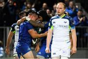 4 October 2019; Rónan Kelleher of Leinster celebrates with team-mate Joe Tomane, right, after scoring his side's fifth try during the Guinness PRO14 Round 2 match between Leinster and Ospreys at the RDS Arena in Dublin. Photo by Ramsey Cardy/Sportsfile
