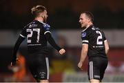 4 October 2019; Derek Pender of Bohemians celebrates after scoring his side's first goal with Luke Wade-Slater, left, during the SSE Airtricity League Premier Division match between Bohemians and Cork City at Dalymount Park in Dublin. Photo by Stephen McCarthy/Sportsfile