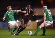 4 October 2019; Andre Wright of Bohemians in action against Conor McCormack, left, and Conor McCarthy of Cork City during the SSE Airtricity League Premier Division match between Bohemians and Cork City at Dalymount Park in Dublin. Photo by Stephen McCarthy/Sportsfile