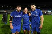 4 October 2019; Michael Milne, left, Rowan Osborne, centre, and Harry Byrne of Leinster following the Guinness PRO14 Round 2 match between Leinster and Ospreys at the RDS Arena in Dublin. Photo by Ramsey Cardy/Sportsfile