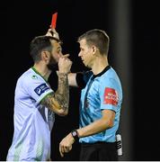 4 October 2019; Kevin Knight of Cabinteely is shown the red card by referee Alan Carey during the SSE Airtricity League First Division Promotion / Relegation Play-Off Series First Leg match between Cabinteely and Longford Town at Stradbrook Road in Blackrock, Dublin. Photo by Piaras Ó Mídheach/Sportsfile
