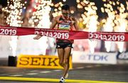 4 October 2019; Toshikazu Yamanishi of Japan crosses the line to win the Men's 20km Race Walk during day eight of the 17th IAAF World Athletics Championships Doha 2019 at the Corniche in Doha, Qatar. Photo by Sam Barnes/Sportsfile