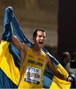 4 October 2019; Perseus Karlström of Sweden celebrates finishing third in the Men's 20km Race Walk during day eight of the 17th IAAF World Athletics Championships Doha 2019 at the Corniche in Doha, Qatar. Photo by Sam Barnes/Sportsfile