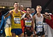 4 October 2019; Medallists, from left, Perseus Karlström of Sweden, bronze, Toshikazu Yamanishi of Japan, gold, and Authorised Neutral Athlete Vasiliy Mizinov, silver,   after competing in the Men's 20km Race Walk during day eight of the 17th IAAF World Athletics Championships Doha 2019 at the Corniche in Doha, Qatar. Photo by Sam Barnes/Sportsfile