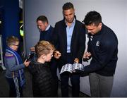 4 October 2019; Leinster fans Jack and Cian Collins, both aged eight, from Wicklow in Autograph Alley with Leinster players Bryan Byrne, Adam Byrne and Cian Kelleher ahead of the Guinness PRO14 Round 2 match between Leinster and Ospreys at the RDS Arena in Dublin. Photo by Harry Murphy/Sportsfile