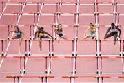 5 October 2019; Athletes from left, Luminosa Bogliolo of Italy, Yanique Thompson of Jamaica, Ayako Kimura of Japan, Brianna Beahan of Australia and Anne Zagre of Belgium, competing in the Women's 100m Hurdles Heats during day nine of the 17th IAAF World Athletics Championships Doha 2019 at the Khalifa International Stadium in Doha, Qatar. Photo by Sam Barnes/Sportsfile