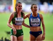 5 October 2019; Ciara Mageean of Ireland, left, with Jenny Simpson of USA after competing in the Women's 1500m Final during day nine of the 17th IAAF World Athletics Championships Doha 2019 at the Khalifa International Stadium in Doha, Qatar. Photo by Sam Barnes/Sportsfile