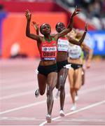 5 October 2019; Hellen Obiri of Kenya celebrates winning the Womens 5000m during day nine of the 17th IAAF World Athletics Championships Doha 2019 at the Khalifa International Stadium in Doha, Qatar. Photo by Sam Barnes/Sportsfile