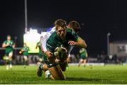 5 October 2019; Kyle Godwin of Connacht goes over to score his side's first try despite the tackle of Luca Sperandio of Benetton during the Guinness PRO14 Round 2 match between Connacht and Benetton at The Sportsground in Galway. Photo by Harry Murphy/Sportsfile