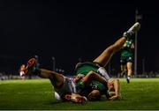 5 October 2019; Kyle Godwin of Connacht goes over to score his side's first try despite the tackle of Luca Sperandio of Benetton during the Guinness PRO14 Round 2 match between Connacht and Benetton at The Sportsground in Galway. Photo by Harry Murphy/Sportsfile